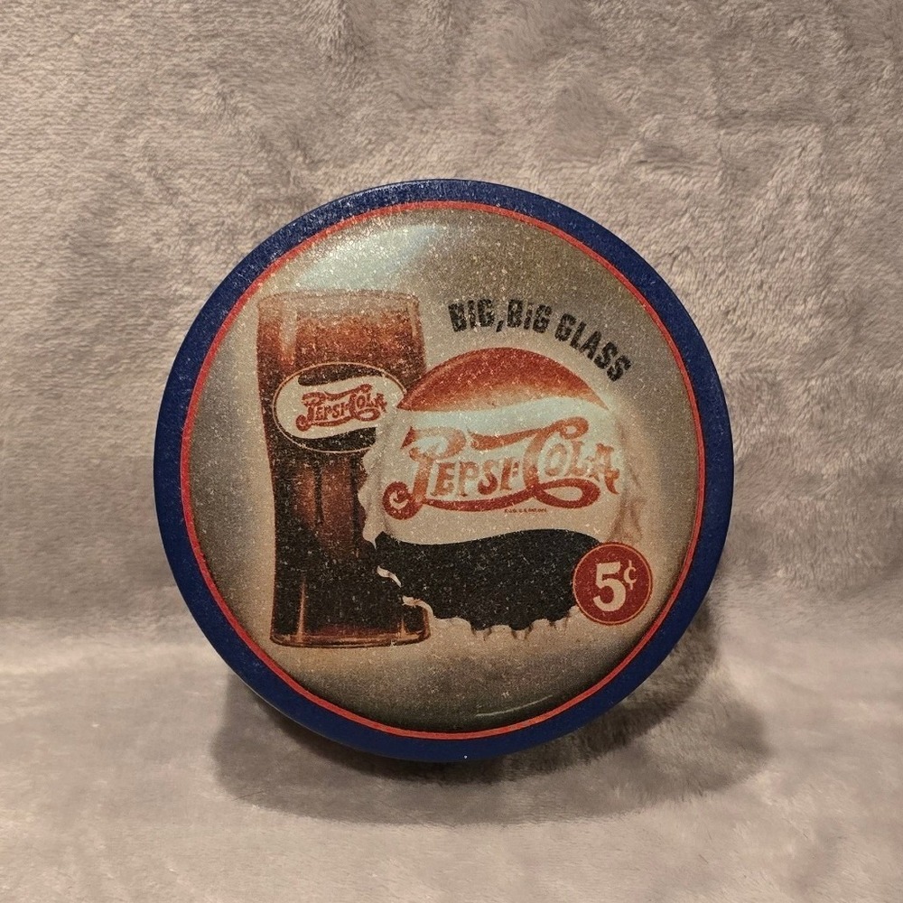 Vintage Pepsi-Cola Round Metal Advertising Tin Ballonoff Big Big Glass 5 Cents